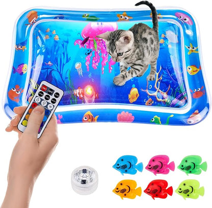 New Multi-Color Lighted Cat Water Mat – Thickened Anti-Scratch Leak-Proof Play Mat with Floating Fish, Interactive Toy for Swatting, Exercise & Hunting, Perfect for Indoor Cats & Kittens