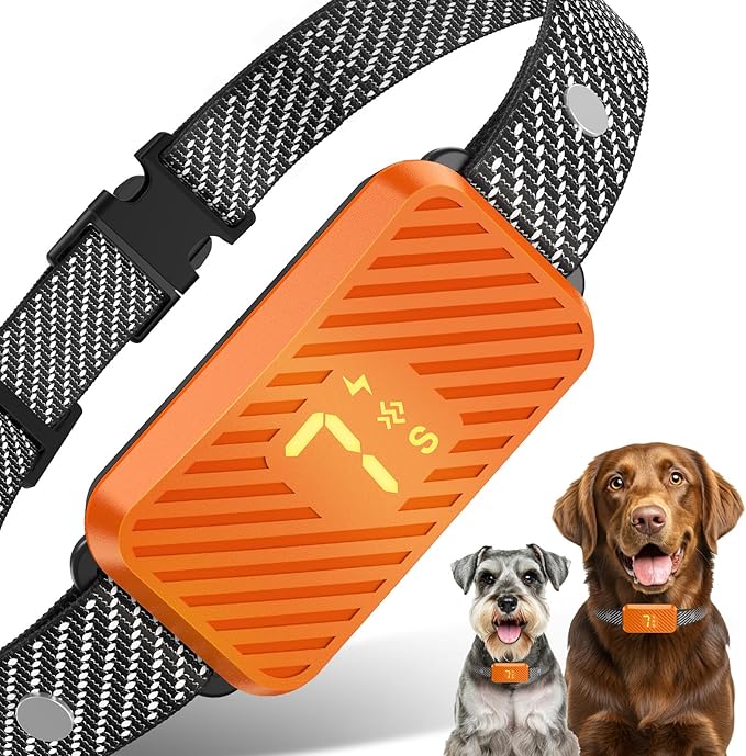 Rechargeable Dog Bark Collar for Large, Medium & Small Dogs – Smart No-Bark Collar with 7-Level Sensitivity, 3 Beep & Vibration Modes, Waterproof – Orange
