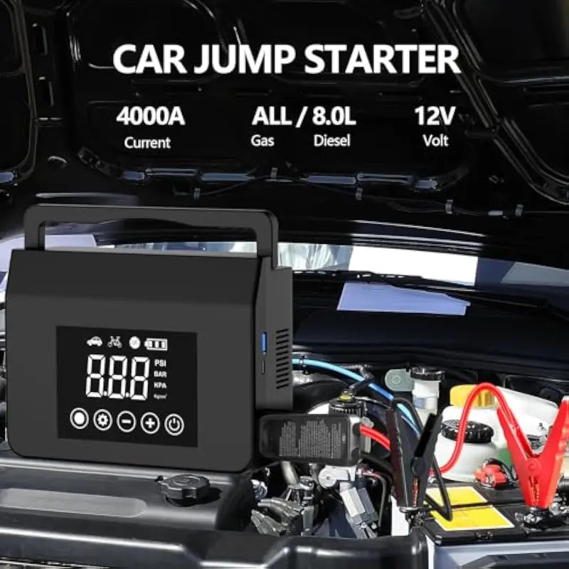 🧰 3-in-1 4000A Car Jump Starter | 150PSI Air Compressor | 15000mAh Power Bank with LED Light