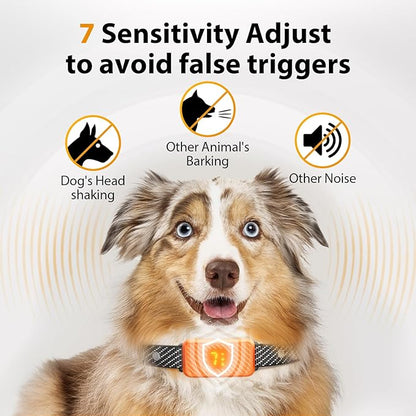 Rechargeable Dog Bark Collar for Large, Medium & Small Dogs – Smart No-Bark Collar with 7-Level Sensitivity, 3 Beep & Vibration Modes, Waterproof – Orange