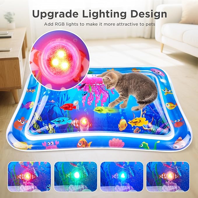 New Multi-Color Lighted Cat Water Mat – Thickened Anti-Scratch Leak-Proof Play Mat with Floating Fish, Interactive Toy for Swatting, Exercise & Hunting, Perfect for Indoor Cats & Kittens