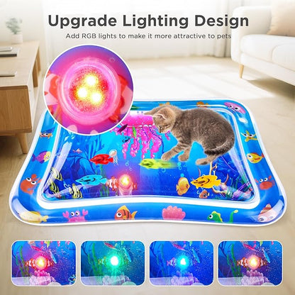 New Multi-Color Lighted Cat Water Mat – Thickened Anti-Scratch Leak-Proof Play Mat with Floating Fish, Interactive Toy for Swatting, Exercise & Hunting, Perfect for Indoor Cats & Kittens
