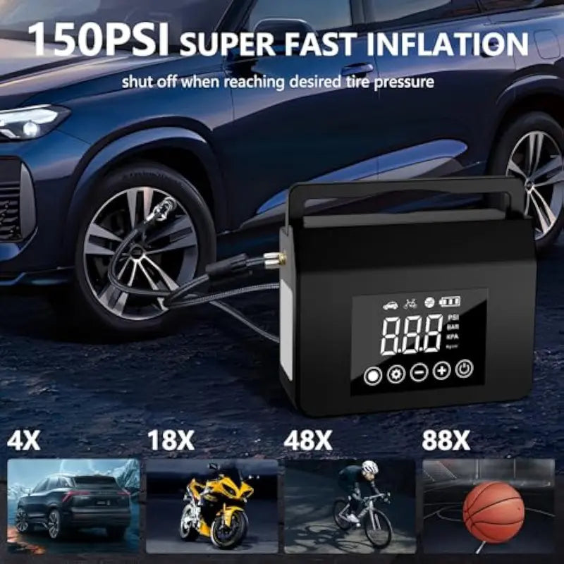 🧰 3-in-1 4000A Car Jump Starter | 150PSI Air Compressor | 15000mAh Power Bank with LED Light