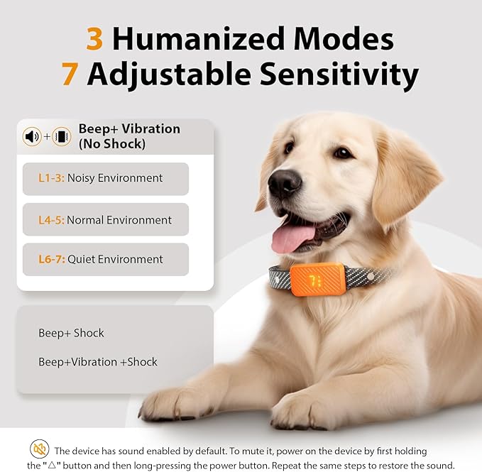 Rechargeable Dog Bark Collar for Large, Medium & Small Dogs – Smart No-Bark Collar with 7-Level Sensitivity, 3 Beep & Vibration Modes, Waterproof – Orange