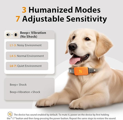 Rechargeable Dog Bark Collar for Large, Medium & Small Dogs – Smart No-Bark Collar with 7-Level Sensitivity, 3 Beep & Vibration Modes, Waterproof – Orange