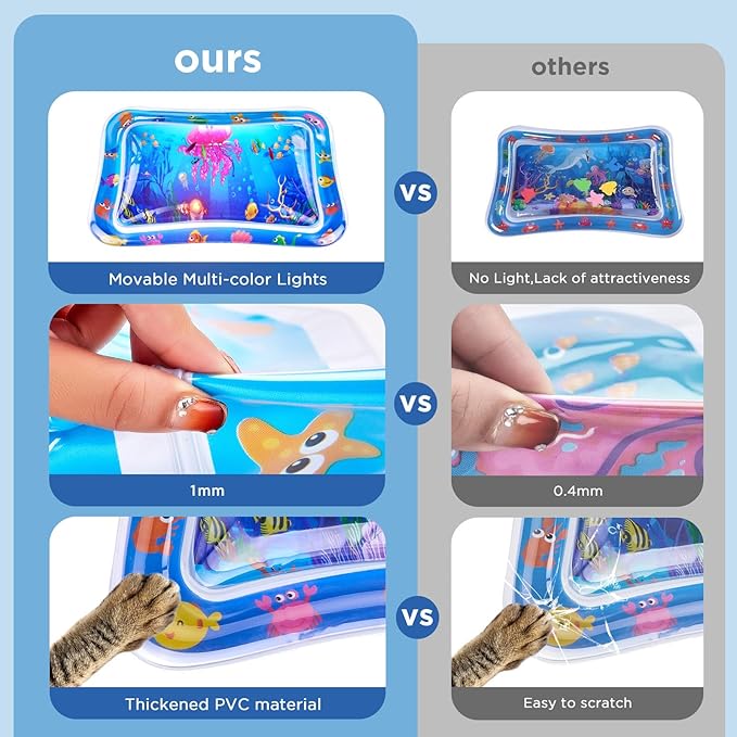 New Multi-Color Lighted Cat Water Mat – Thickened Anti-Scratch Leak-Proof Play Mat with Floating Fish, Interactive Toy for Swatting, Exercise & Hunting, Perfect for Indoor Cats & Kittens