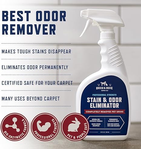 Rocco & Roxie Stain & Odor Eliminator for Strong Odor, 32oz Enzyme Pet Odor Eliminator for Home, Carpet Stain Remover for Cats & Dog Pee, Enzymatic Cat Urine Destroyer, Carpet Cleaner Spray