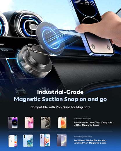 Vacuum Magnetic Phone Holder for Car,2800gf Strong Magnetic Phone Mount,360° Adjustable & Reinforced Suction Cup for Dashboard/Gym/Mirror,Car Phone Holder Compatible with iPhone Android(Black)