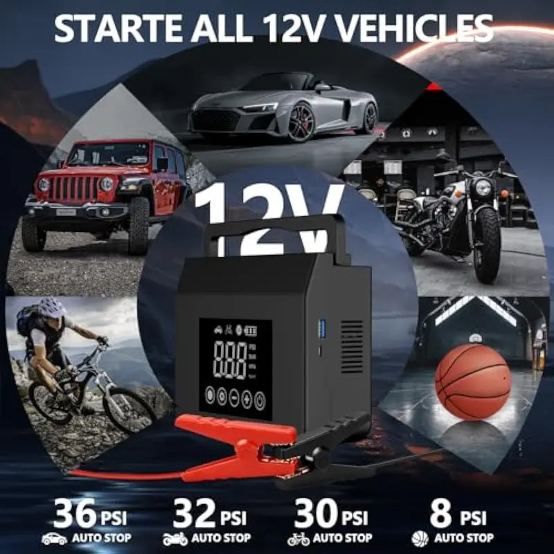 🧰 3-in-1 4000A Car Jump Starter | 150PSI Air Compressor | 15000mAh Power Bank with LED Light