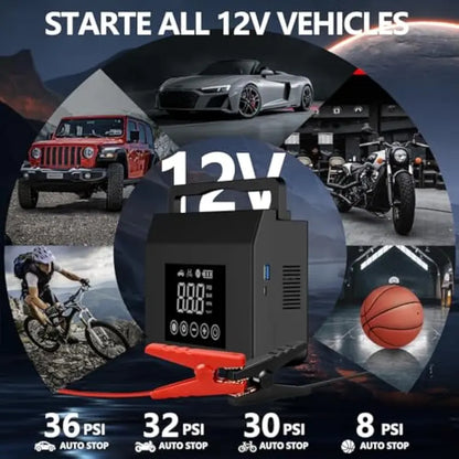 🧰 3-in-1 4000A Car Jump Starter | 150PSI Air Compressor | 15000mAh Power Bank with LED Light