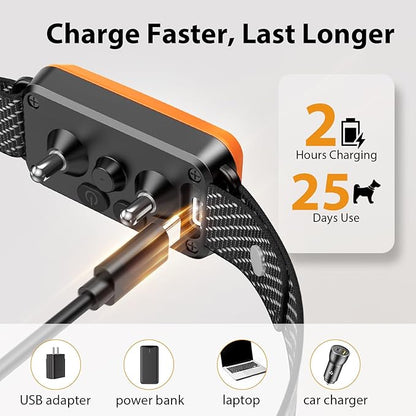Rechargeable Dog Bark Collar for Large, Medium & Small Dogs – Smart No-Bark Collar with 7-Level Sensitivity, 3 Beep & Vibration Modes, Waterproof – Orange