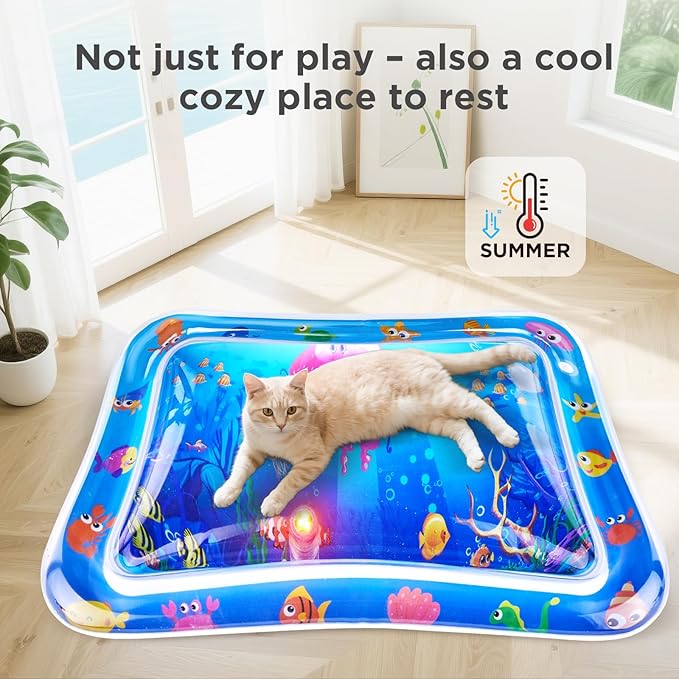 New Multi-Color Lighted Cat Water Mat – Thickened Anti-Scratch Leak-Proof Play Mat with Floating Fish, Interactive Toy for Swatting, Exercise & Hunting, Perfect for Indoor Cats & Kittens