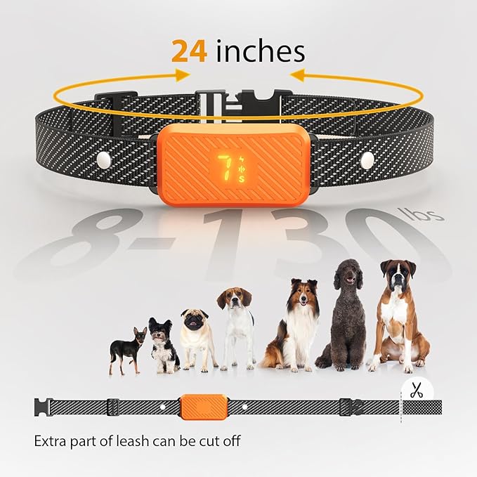 Rechargeable Dog Bark Collar for Large, Medium & Small Dogs – Smart No-Bark Collar with 7-Level Sensitivity, 3 Beep & Vibration Modes, Waterproof – Orange