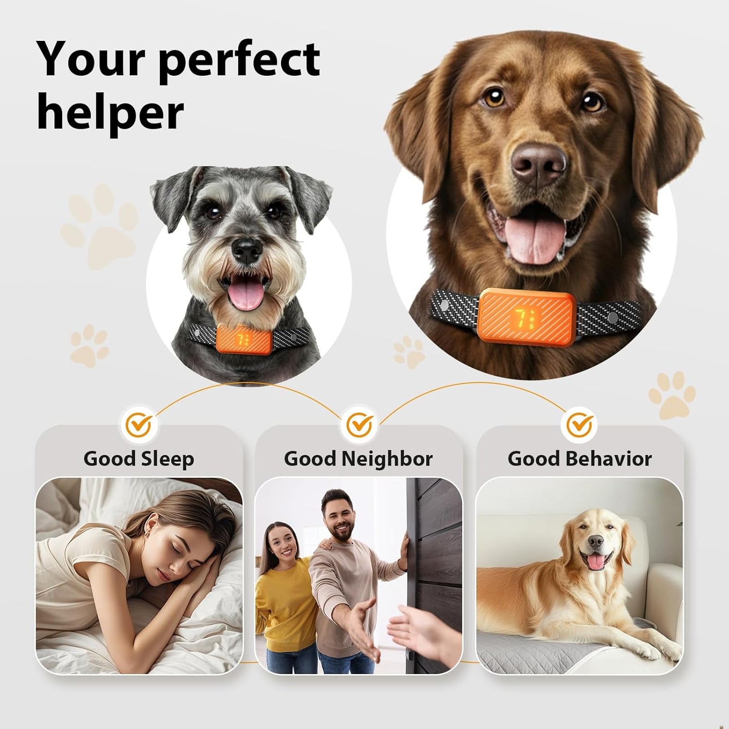 Rechargeable Dog Bark Collar for Large, Medium & Small Dogs – Smart No-Bark Collar with 7-Level Sensitivity, 3 Beep & Vibration Modes, Waterproof – Orange