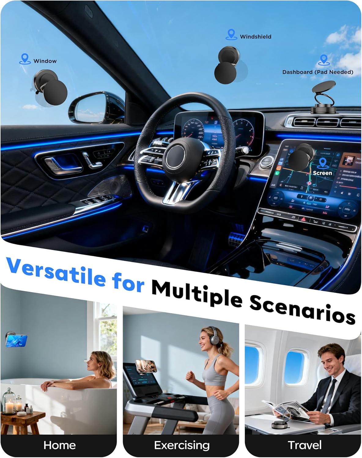 Vacuum Magnetic Phone Holder for Car,2800gf Strong Magnetic Phone Mount,360° Adjustable & Reinforced Suction Cup for Dashboard/Gym/Mirror,Car Phone Holder Compatible with iPhone Android(Black)